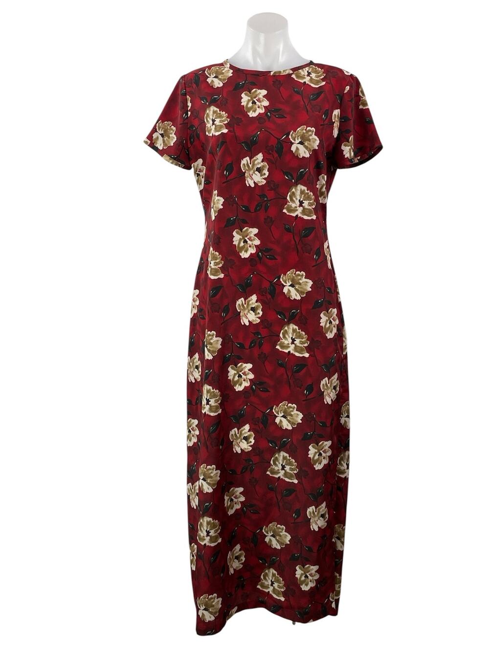 Lynn Lugo Women's Maroon Red Floral Print Short Sleeves Straight Maxi Dress Sz S